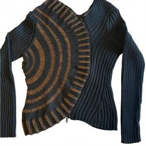 Angel Black and Brown Ribbed Wool Cardigan with curved double zipper